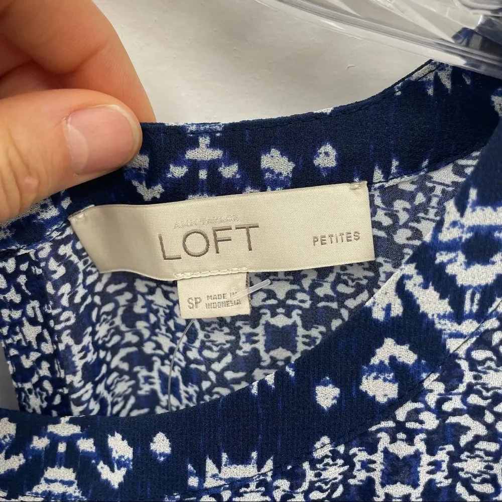 🔴LOFT Blue Printed Short Sleeve Belted Chiffon Crew Neck Summer Mini Dress SP - Picture 9 of 9